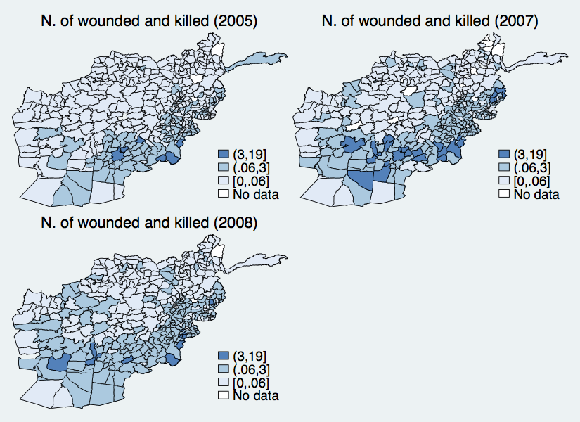 Number of total individuals wounded and killed recorded by the US army per district, 2005-2008