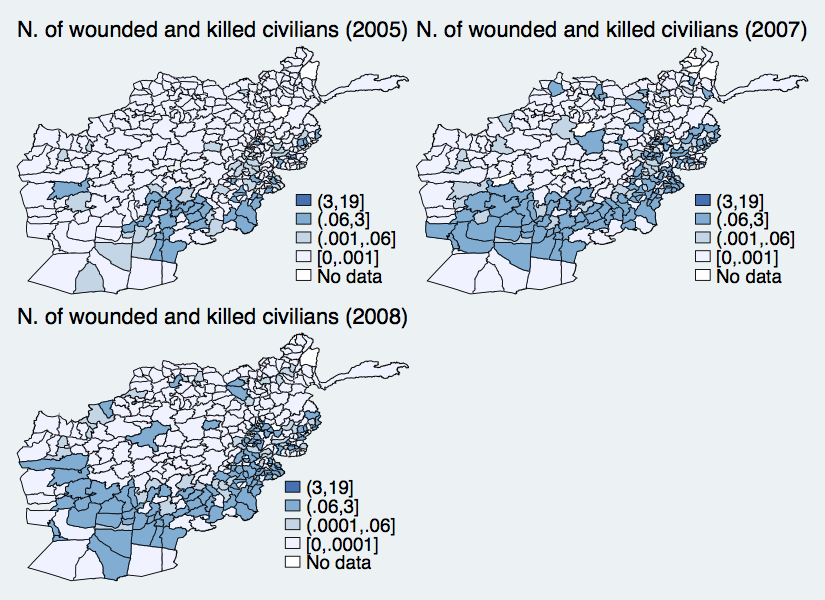 Number of civilians wounded and killed recorded by the US army per district, 2005-2008