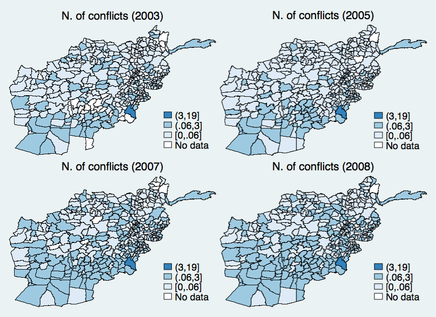 Number of conflicts recorded by the media per district, 2003-2008
