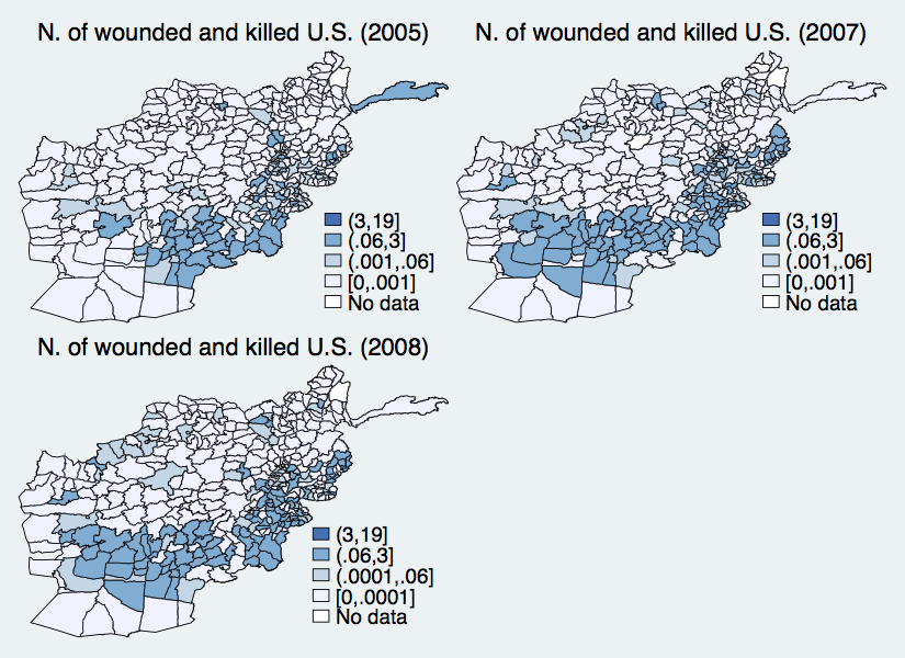 Number of U.S. soldiers wounded and killed recorded by the US army per district, 2005-2008