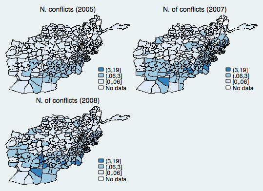 Number of relevant conflicts recorded by the US army per district, 2005-2008